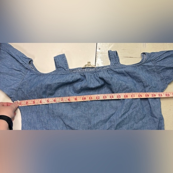 Madewell Size XXS Blue Indigo Cold Shoulder Top Tie Sleeves Linen Cotton Blend - Picture 3 of 8